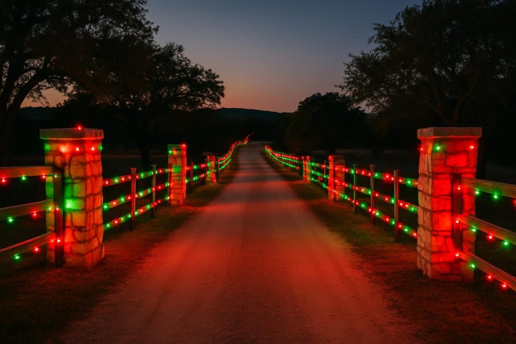 Hill Country ranch estate driveway adorned with multicolor LED lights illuminating the pathway at night.