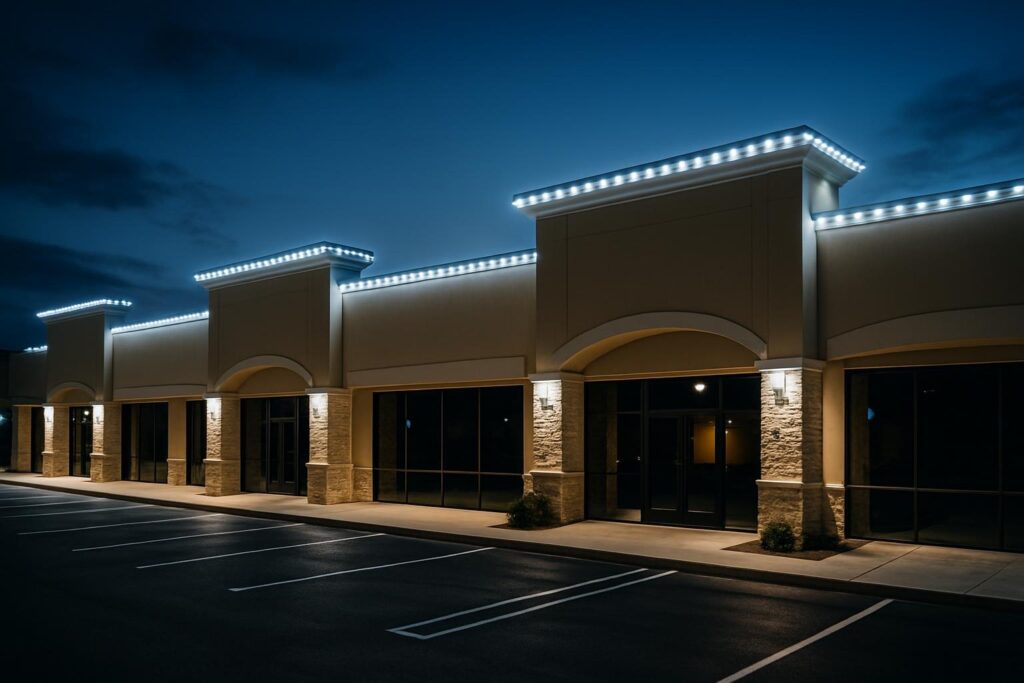 A commercial retail plaza in North San Antonio featuring permanent holiday roof lights, vibrant shopping environment, and festive atmosphere.