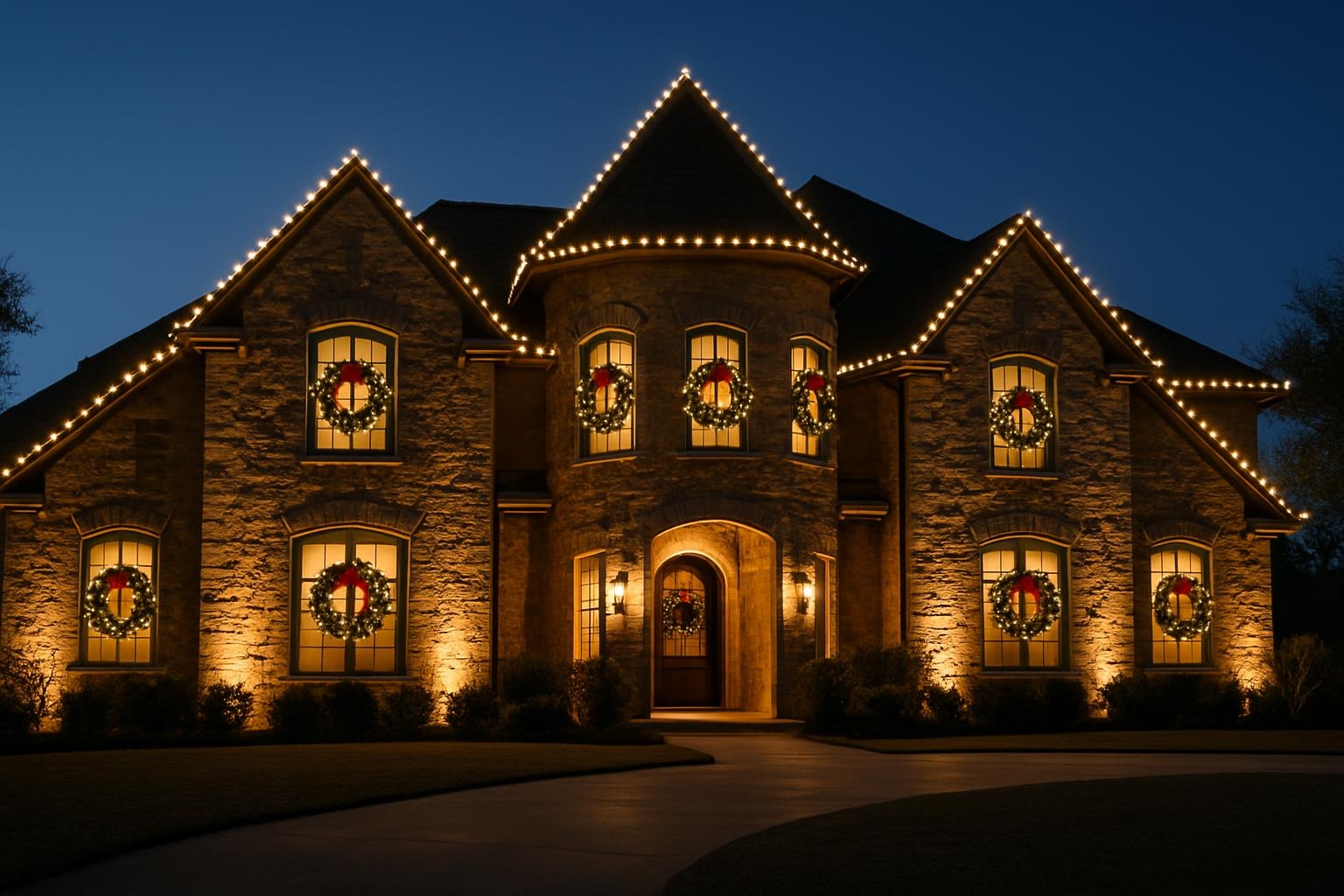 Grand Hill Country estate home illuminated with elegant warm white LED lights at night.