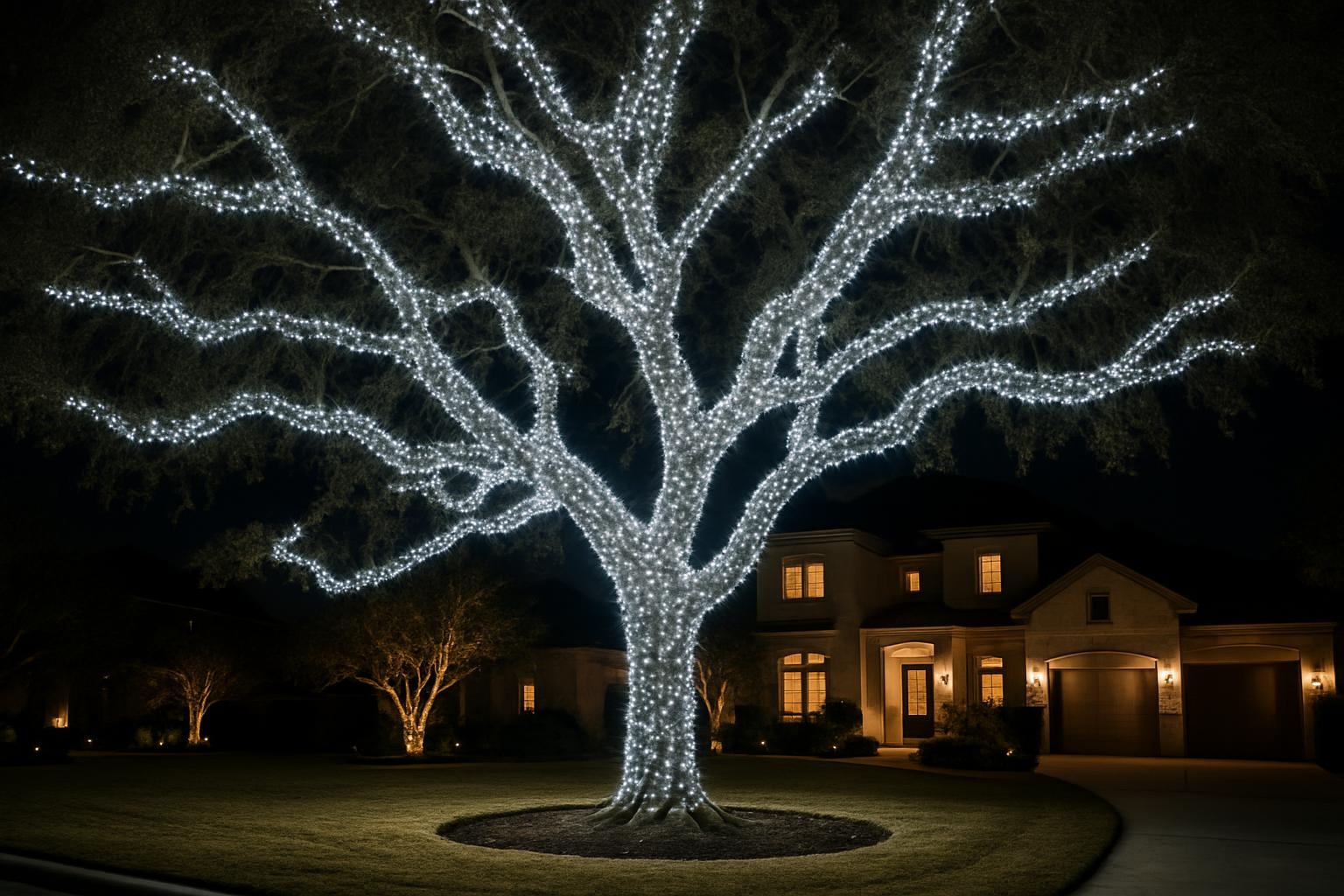 Large oak tree in a luxury San Antonio front yard adorned with cool white LED holiday lights