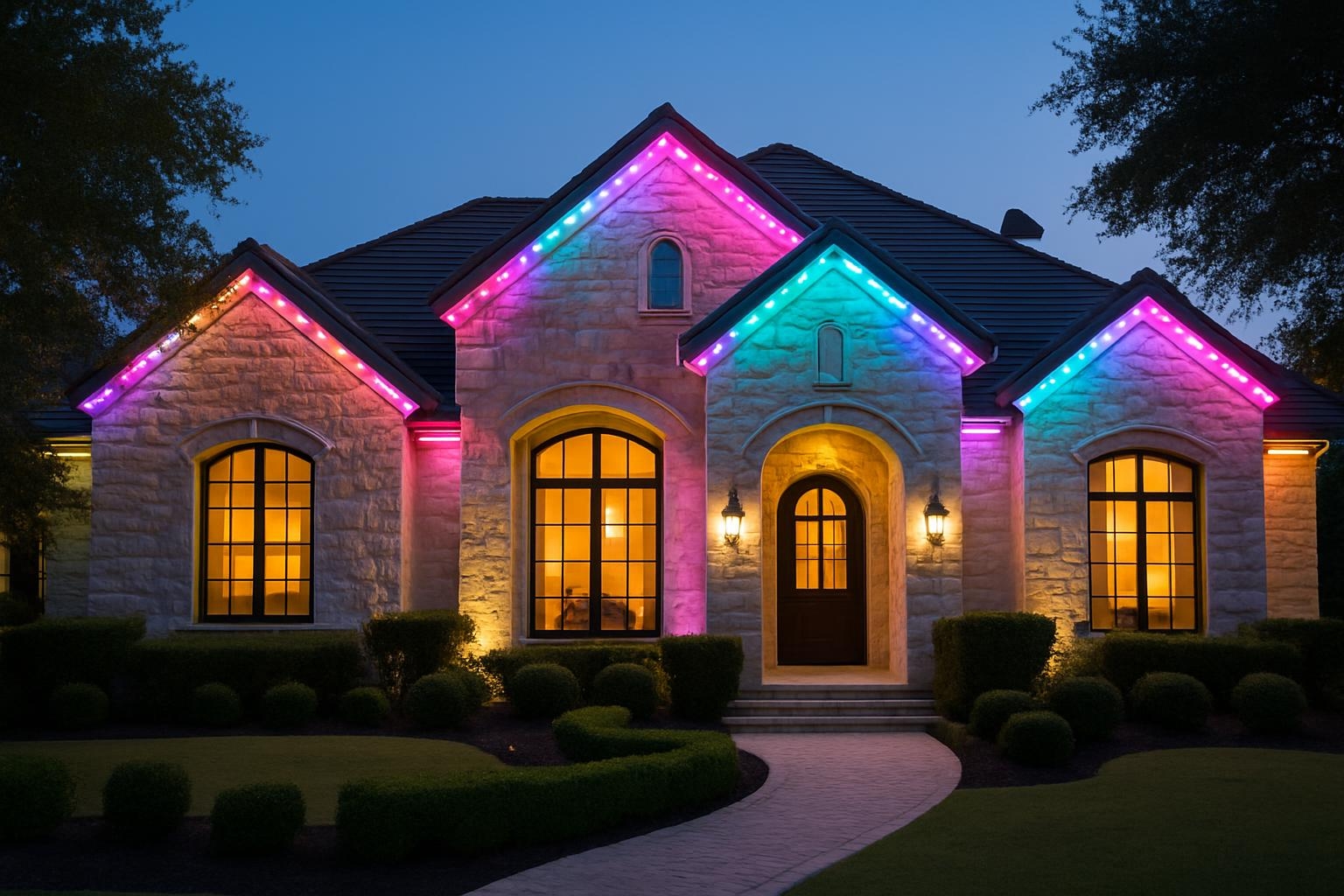 Luxury North San Antonio stone home featuring permanent smart holiday lights exterior design