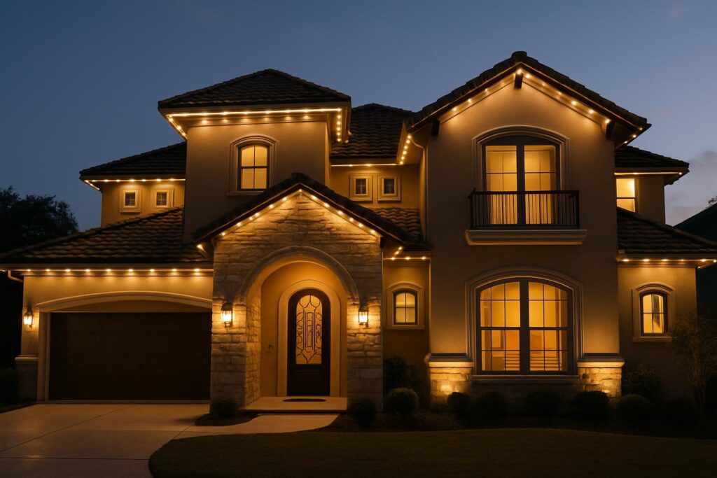 Luxury San Antonio home featuring Govee permanent holiday lights installed for an elegant outdoor ambiance.
