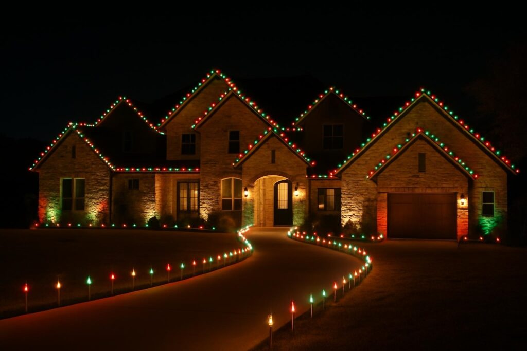 A massive Hill Country stone home beautifully decorated with multicolor LED holiday lights, creating a festive atmosphere during the holiday season.