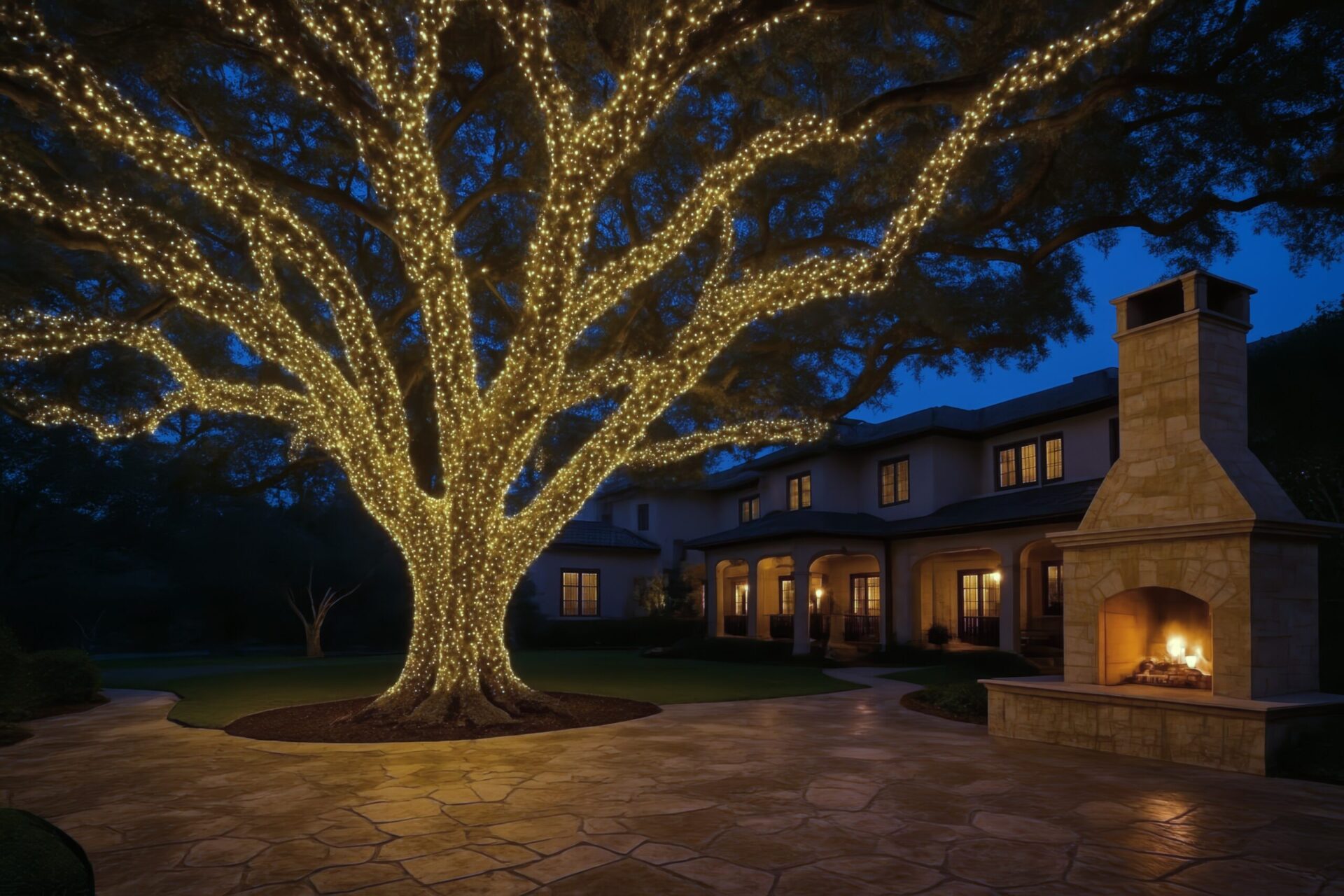 Massive live oak tree adorned with warm white mini string lights, showcasing a topaz color glow, in an upscale 2.8x resolution.