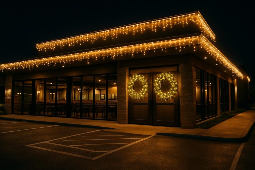Modern commercial restaurant in Texas featuring permanent holiday lights installed on the roofline, showcasing a festive ambiance.