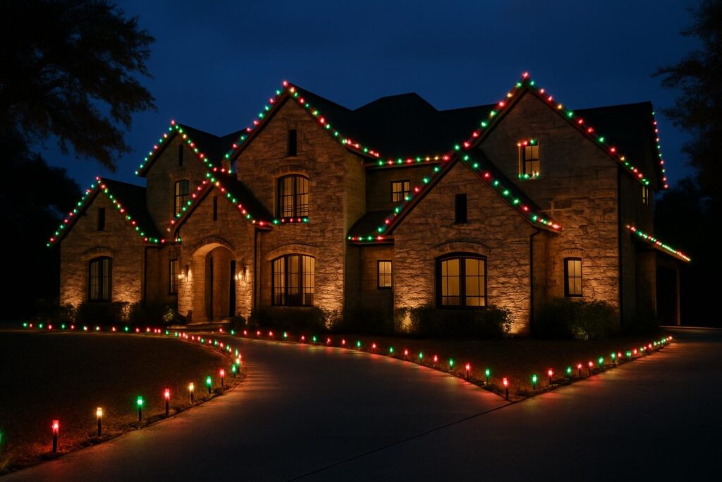 Stone home adorned with colorful holiday lights during nighttime.