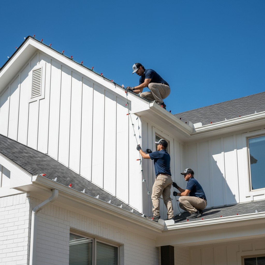 Kneeling holiday light installer securing a string of lights during an action moment