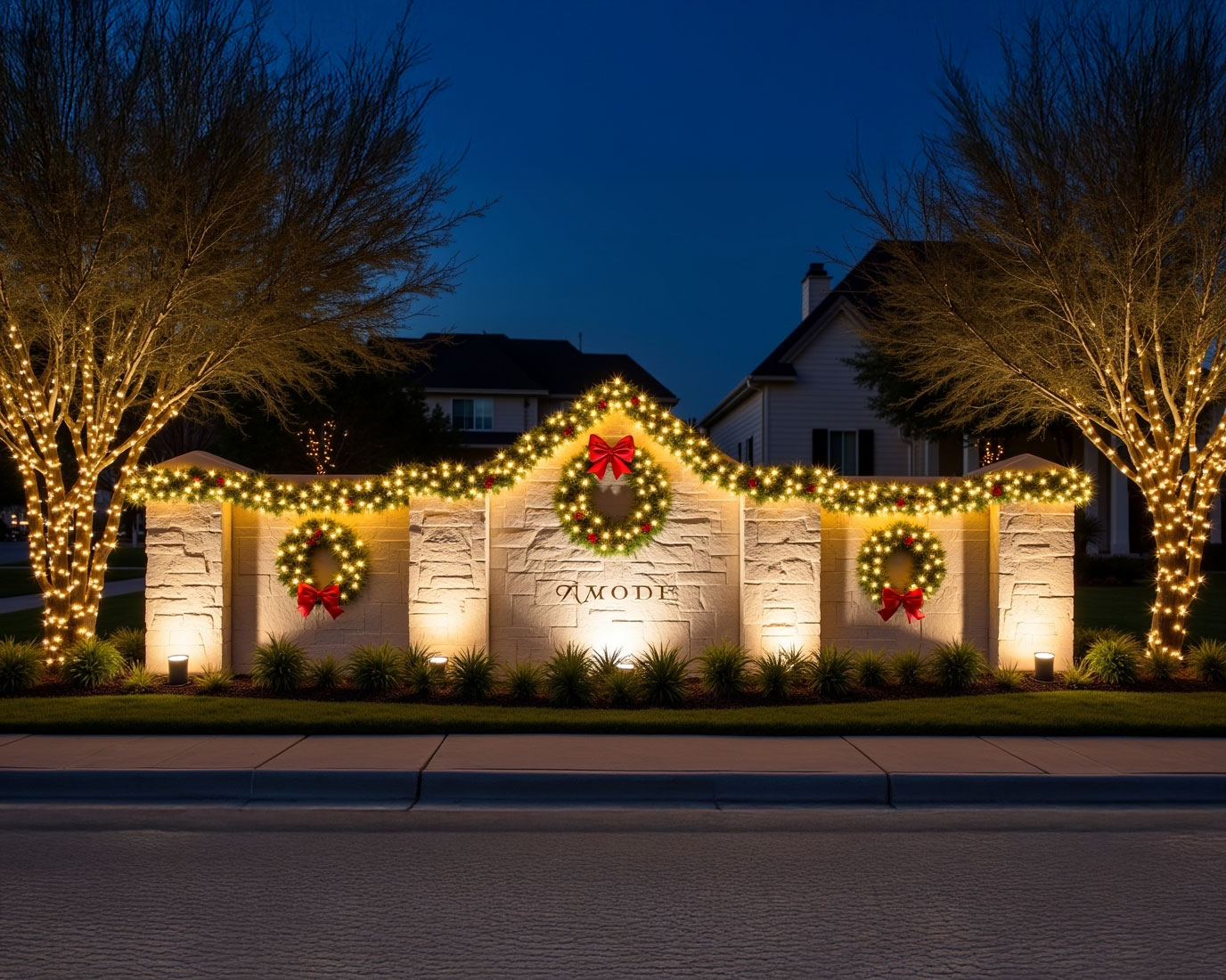 Alamo Ranch HOA community entrance beautifully decorated with holiday lights and ornaments, showcasing a festive atmosphere.