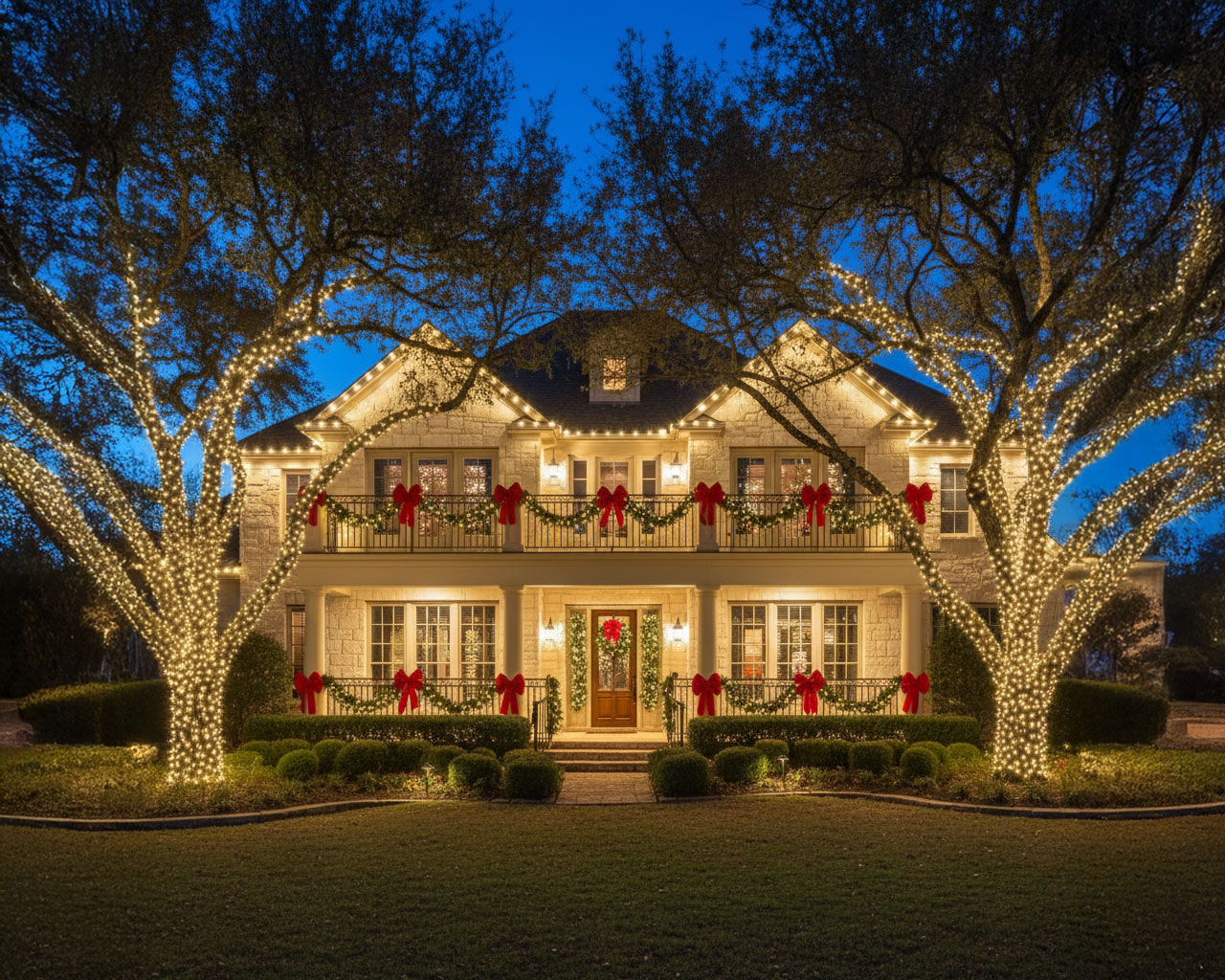 Beautiful home adorned with warm white holiday roof lights, garlands, and trees creating a festive atmosphere.