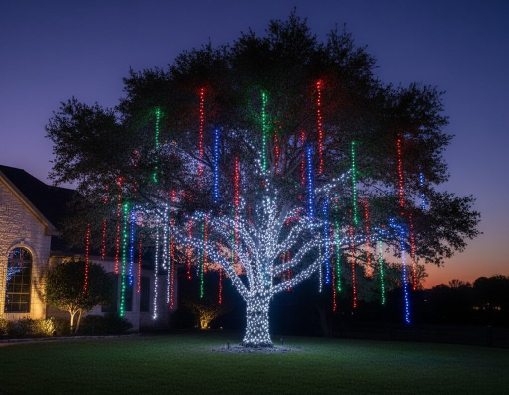 Boerne holiday drop lighting tree adorned with shimmering cool white and multicolor drops.