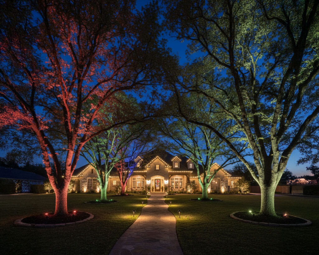 Elegant holiday uplighting on a tree outside a stylish home in Boerne, creating a warm and inviting glow.