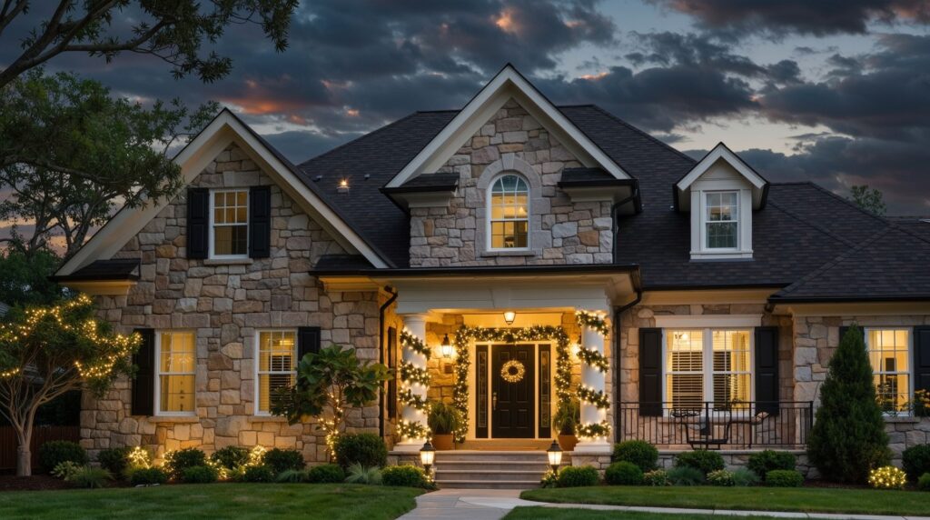 Boerne home adorned with festive holiday light decorations glowing in the evening.