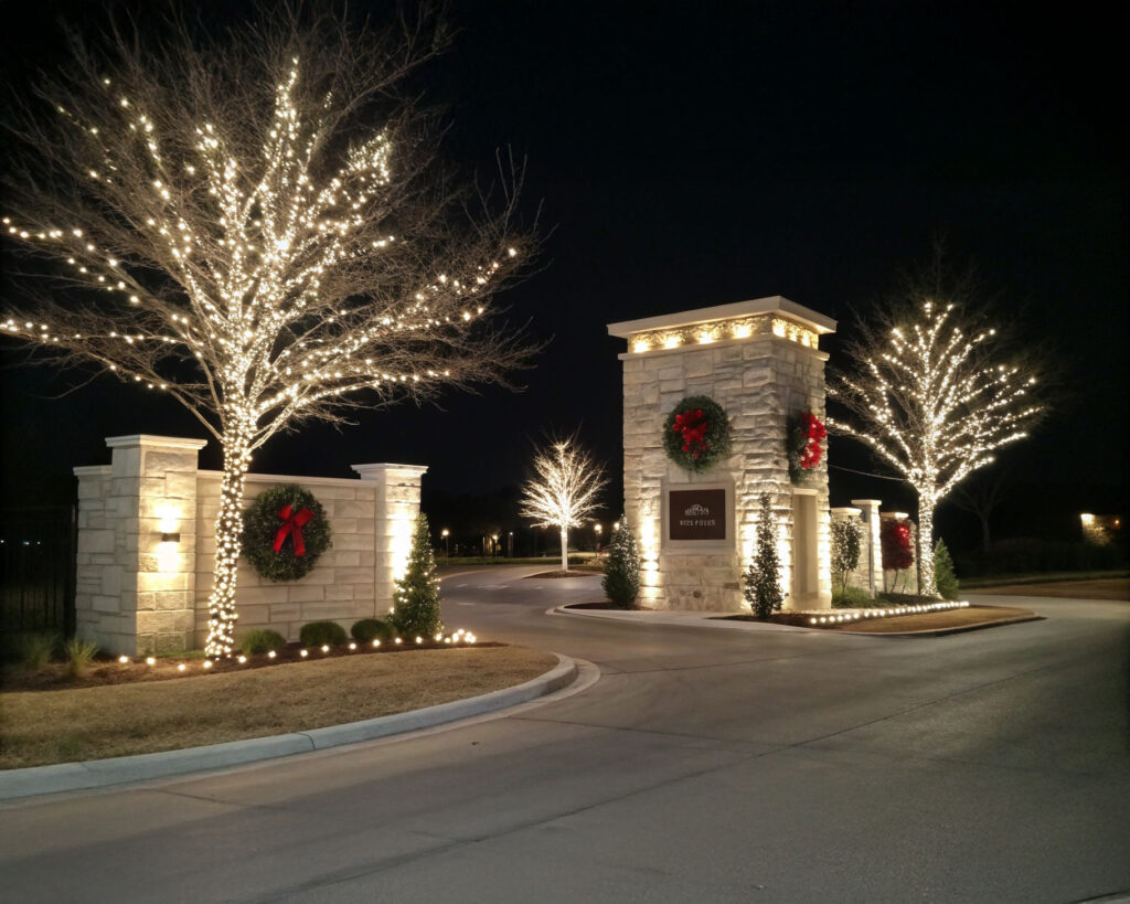 Boerne neighborhood entrance adorned with festive Christmas decorations, showcasing holiday spirit and community cheer.