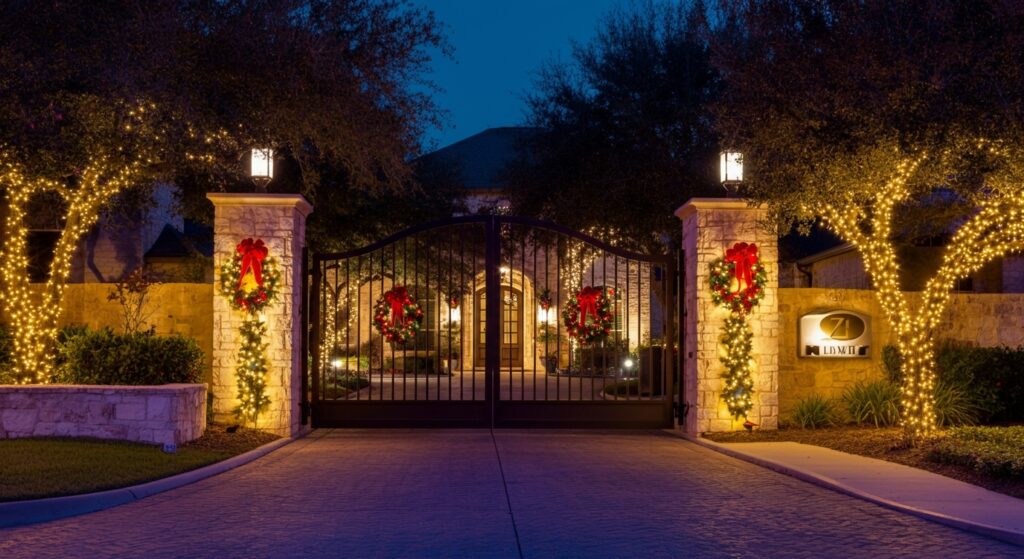 Boerne neighborhood entrance decorated with holiday lights for festive season