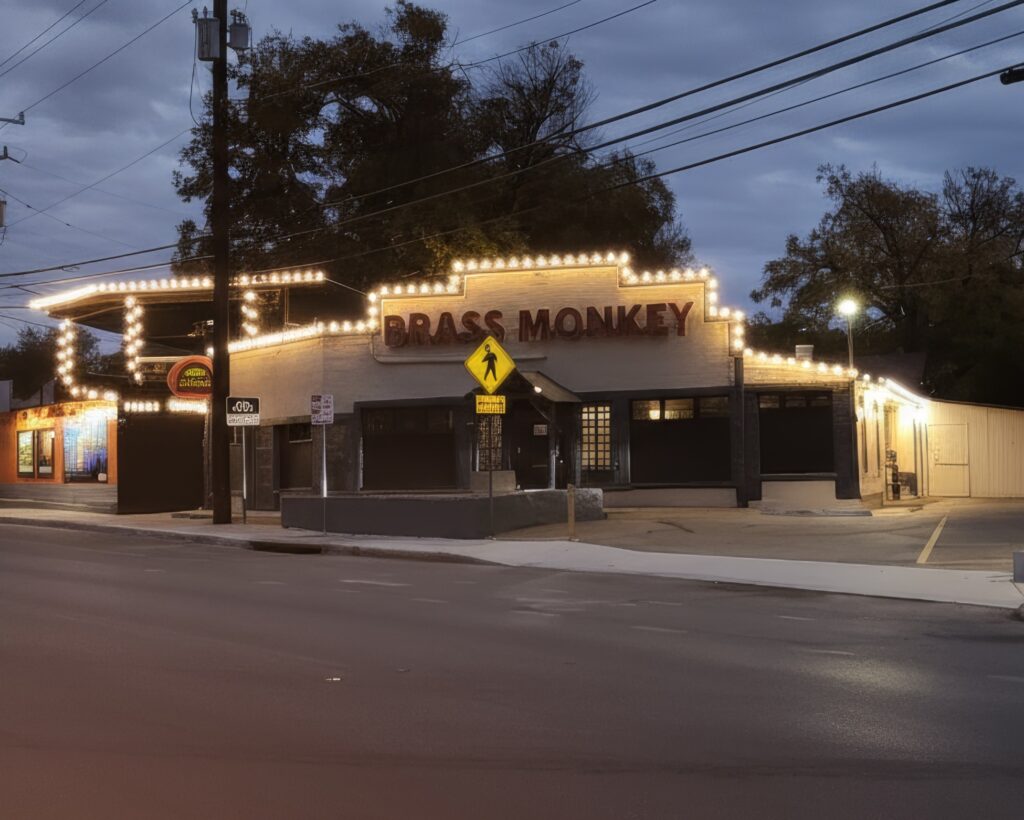 Brass Monkey holiday light installation in San Antonio, showcasing festive decorations and vibrant illumination.
