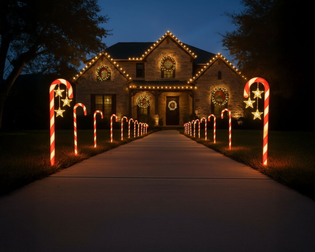 Candy cane pathway lighting in San Antonio, festive holiday decorations illuminating a walkway with red and white striped lights.