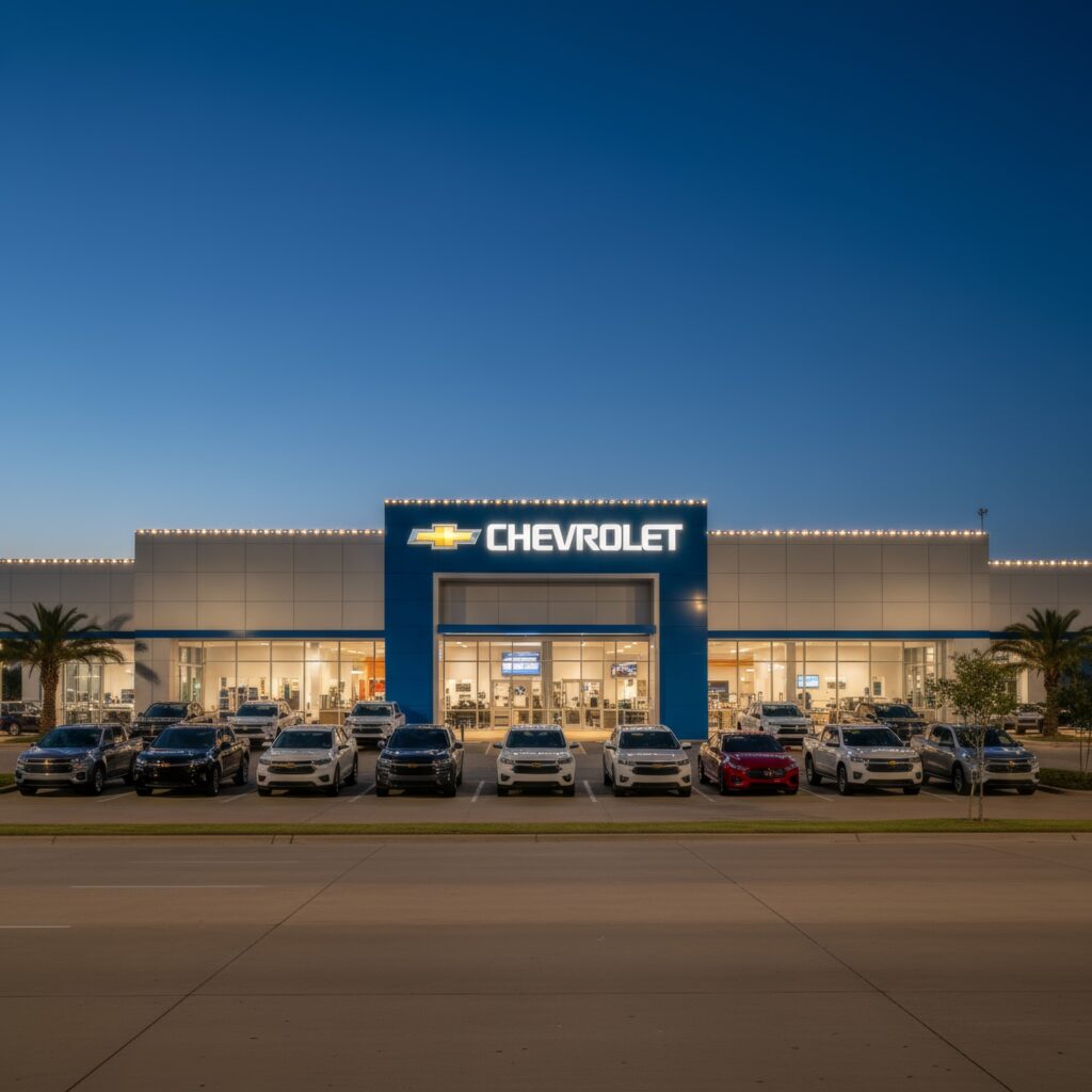 Chevrolet dealership showcasing full building with logo, lined-up cars visible under LED roofline