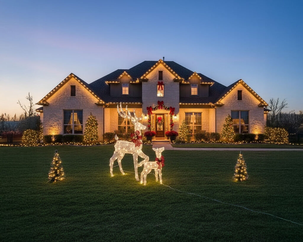 Elegant lighted reindeer Christmas decorations in San Antonio, showcasing festive holiday spirit.