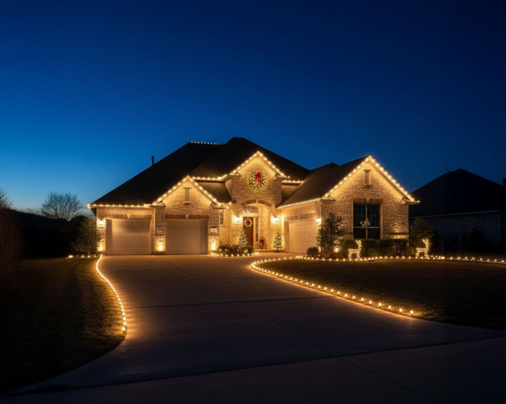 Christmas driveway stake lighting display in Fair Oaks Ranch, showcasing festive decorations and bright illumination.