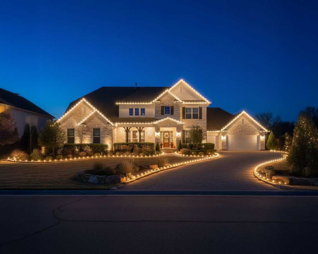 Christmas driveway stake lighting display in San Antonio, featuring festive illumination and holiday decorations.
