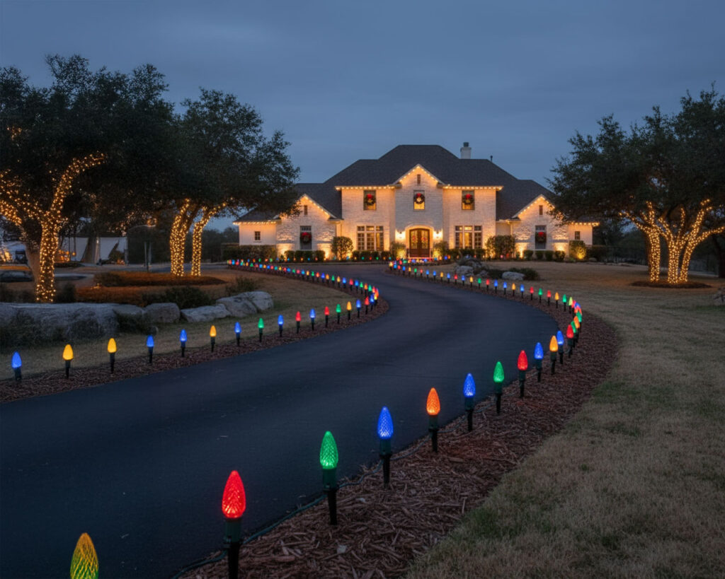 Christmas LED stake lights outlining driveway for festive holiday decoration