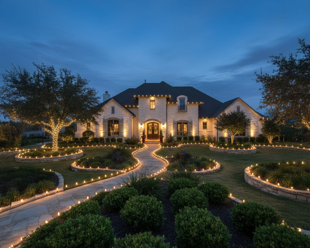 Christmas stake lighting in planter beds at Dominion, creating a festive outdoor holiday display with illuminated decorations.