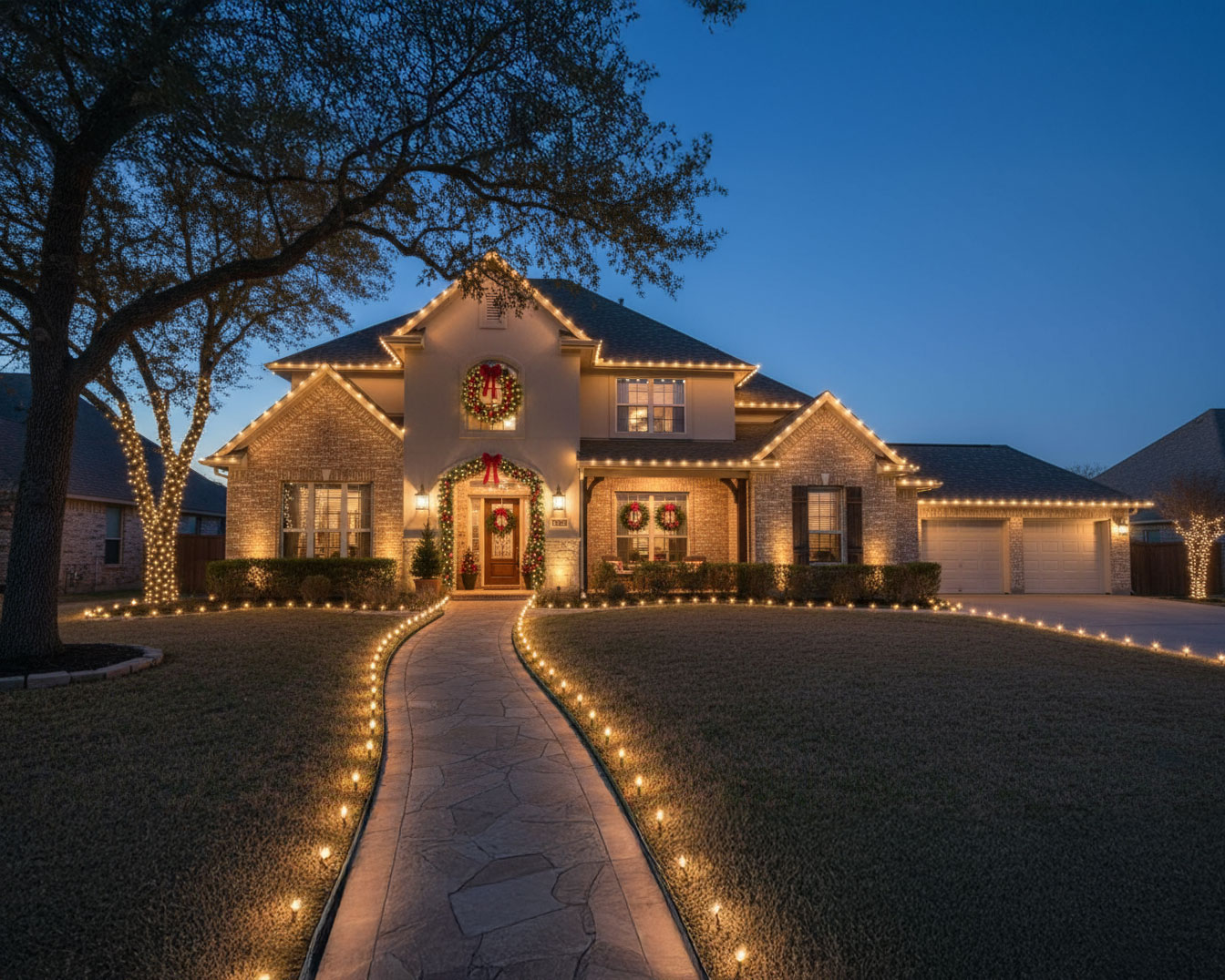 Christmas stake lights illuminating and outlining the front entrance pathway, trees and roofline of a Shavano Park home, creating a festive holiday atmosphere.