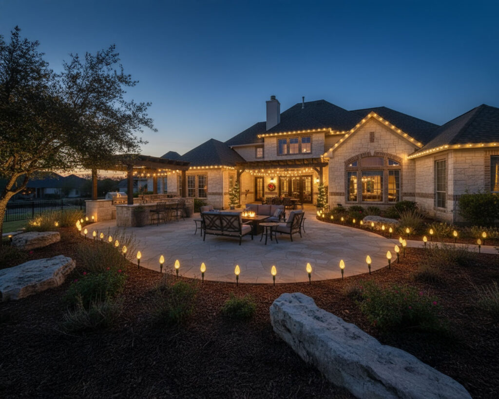 Christmas stake lights illuminating a cozy patio in San Antonio, creating a festive atmosphere for the holiday season.