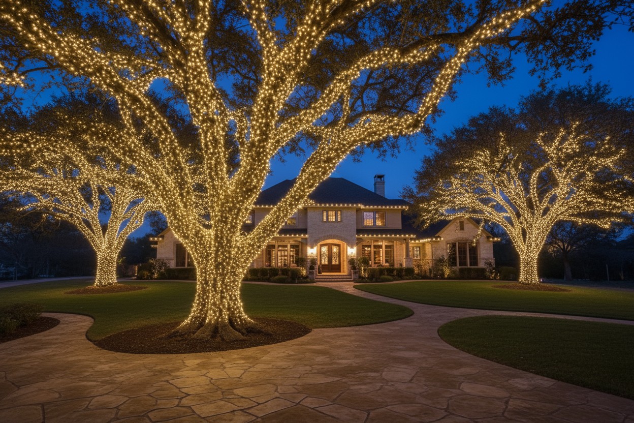 Cinematic dusk view of a luxury home in Helotes with warm white lighting and an oak tree wrapped in lights, showcasing elegant architecture and serene surroundings.