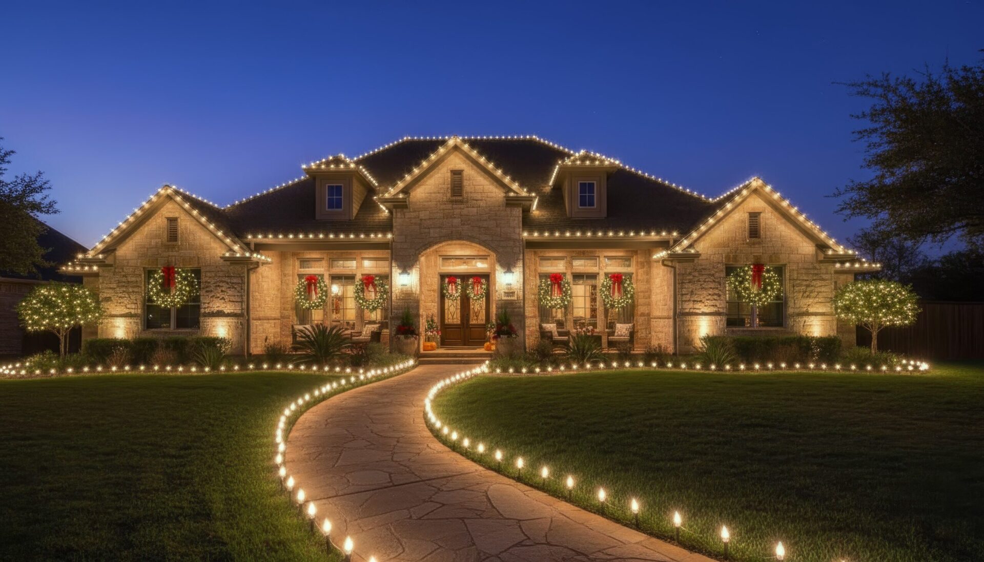 Cinematic dusk view of a stone home with warm white C9 wreaths adorning the windows, creating a cozy atmosphere.