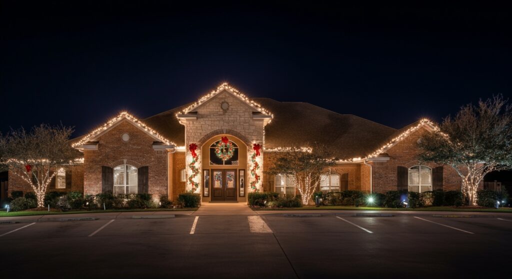 Commercial building adorned with festive holiday lighting in San Antonio, showcasing colorful lights and decorations for the holiday season.