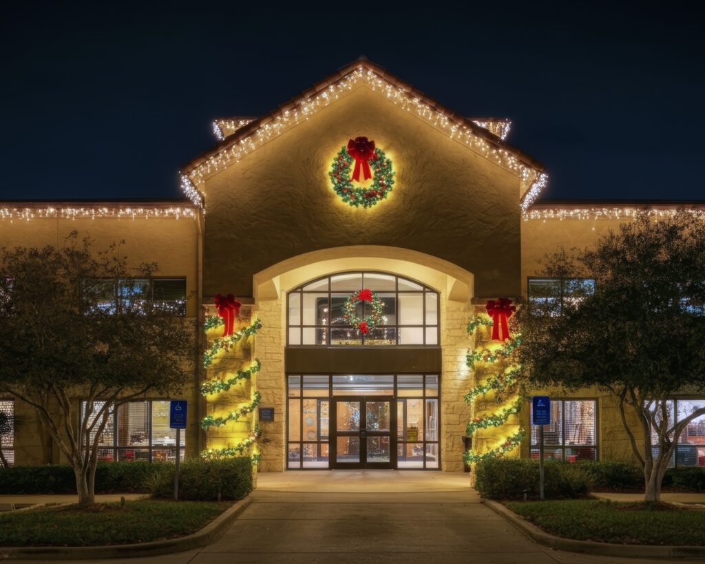 Commercial building decorated with festive holiday wreaths and garlands