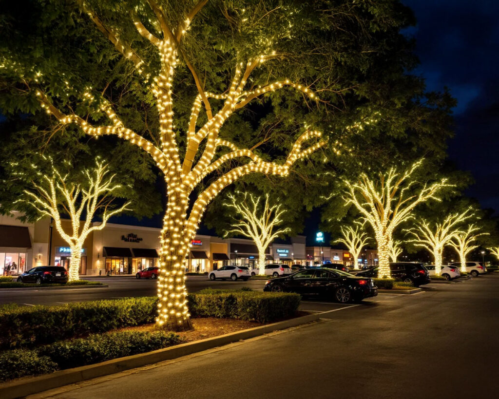 Commercial holiday lighting installation in San Antonio showcasing festive decorations on a business exterior.