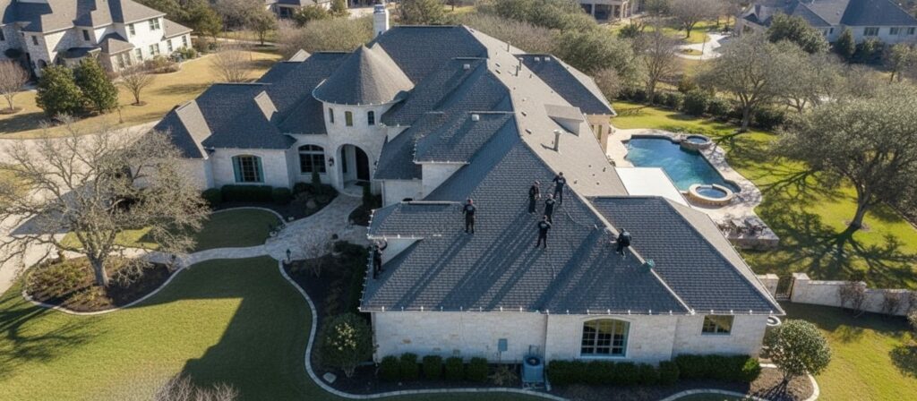 Drone aerial view of commercial roof installation by C9 Christmas Installers in San Antonio, showcasing festive lighting setup.