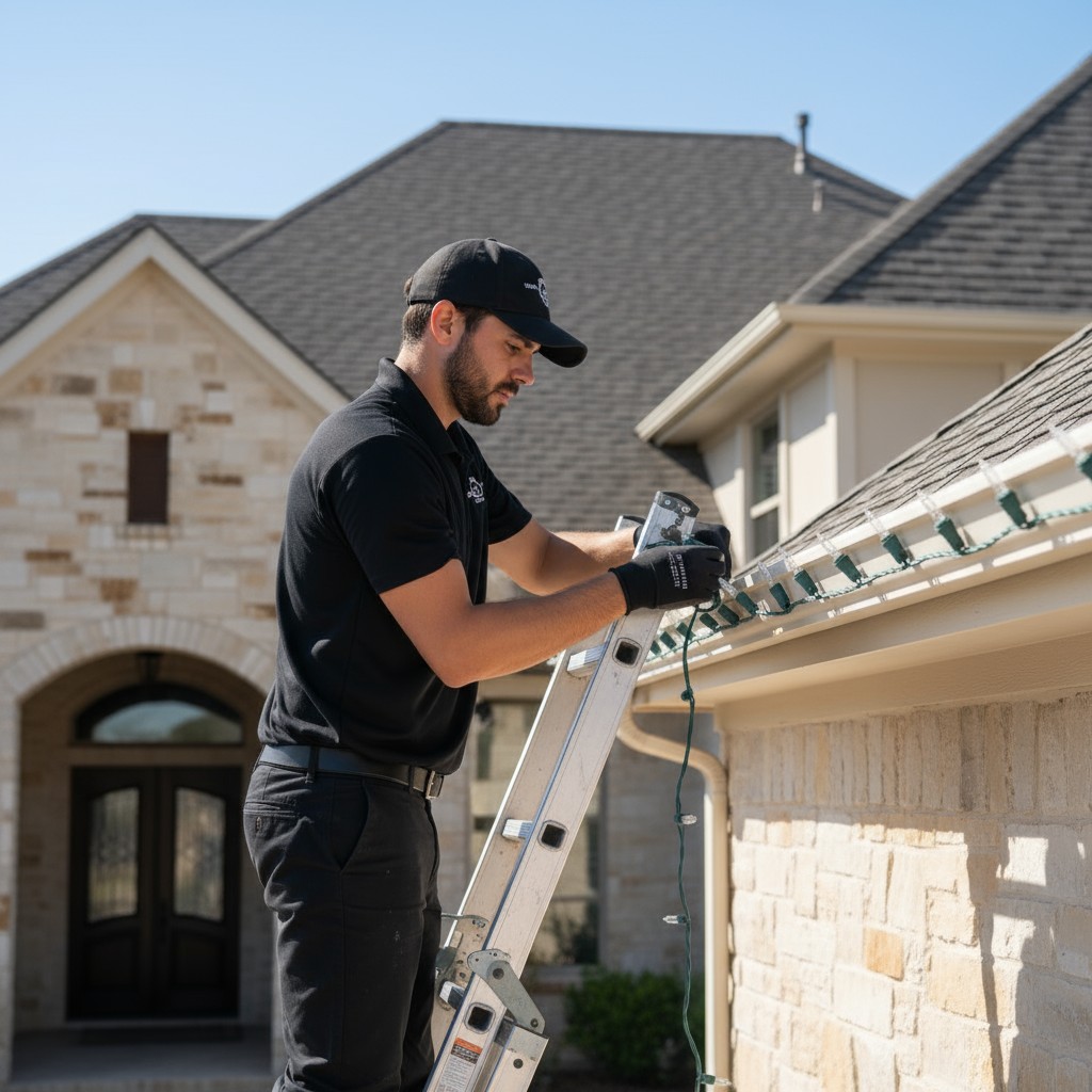 Drone aerial view of residential holiday lighting in Helotes featuring C9 LEDs.