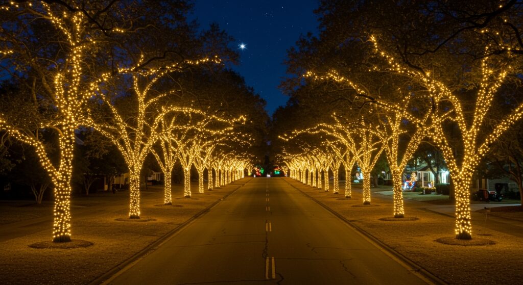 HOA neighborhood boulevard adorned with holiday lighting on trees, creating a festive atmosphere