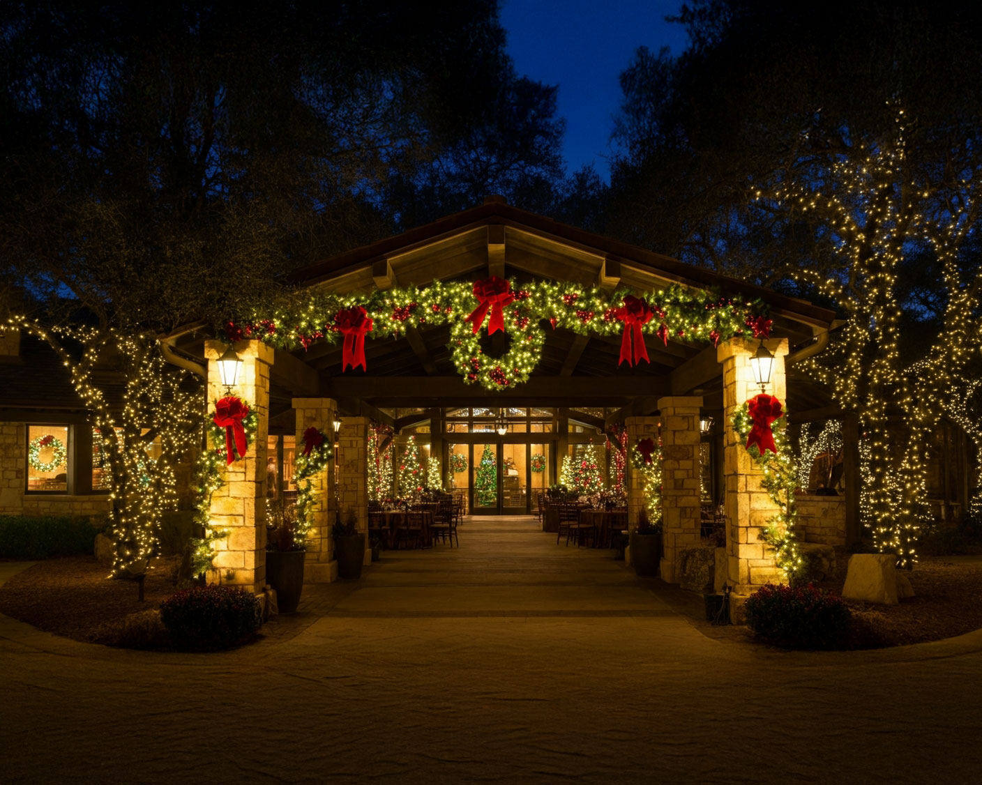 Beautifully decorated Christmas trees wrapped with festive decorations at an event venue in Boerne, creating a joyful holiday atmosphere.