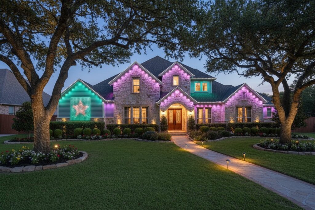 Govee Christmas permanent lights installed on residential roofing, illuminating the home for the holiday season.