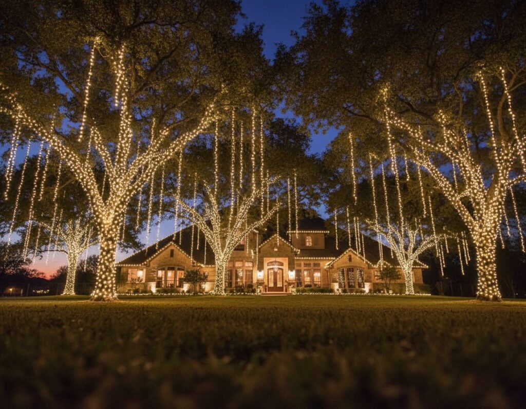 Helotes Christmas tree drop lighting with cascading warm white lights tạo festive atmosphere during the holiday season.