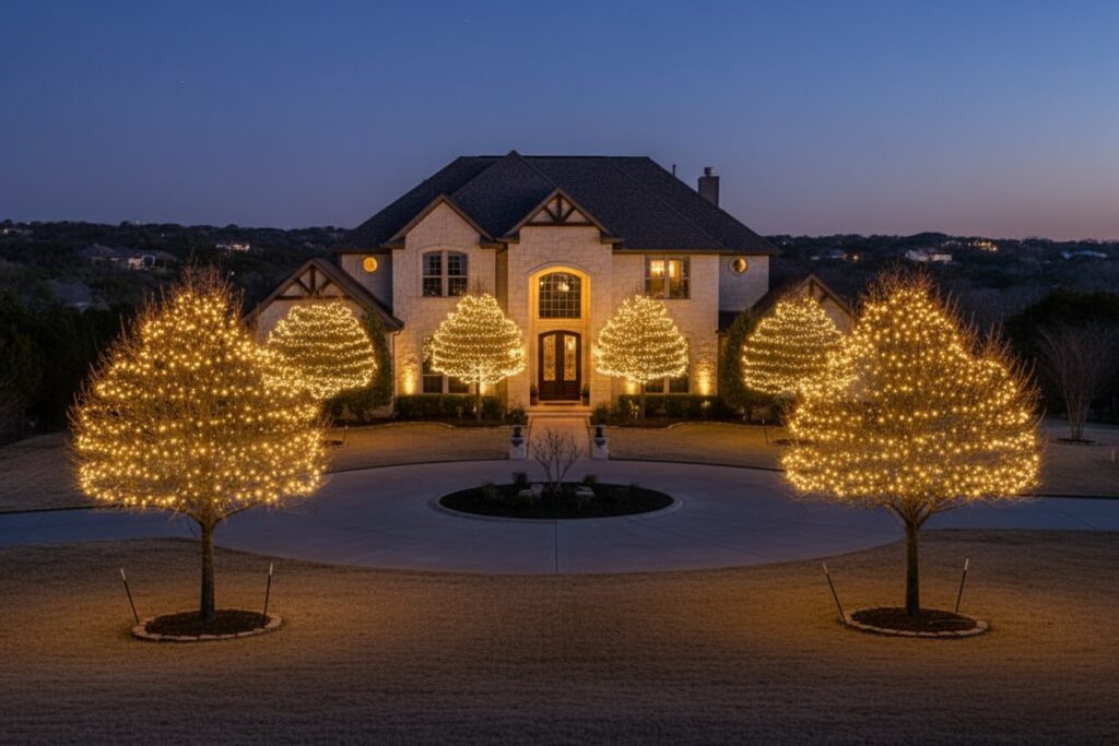 Helotes Christmas trees adorned with canopy lighting in a luxurious home setting