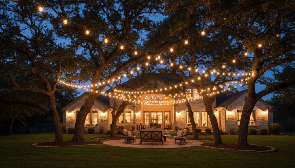 Warm white globe string lights illuminating a stone house at the Helotes Festoon Lighting event.