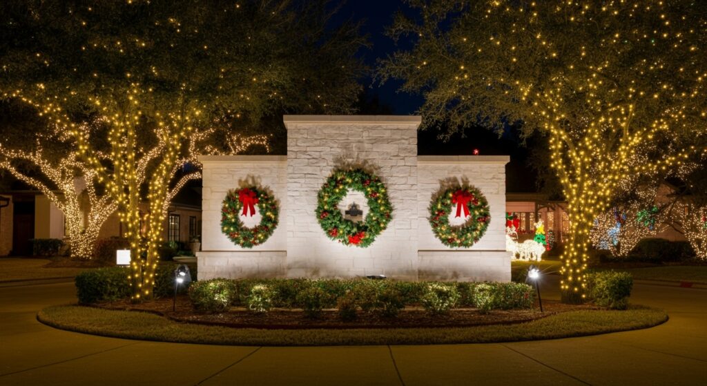 Helotes HOA entrance monument adorned with festive Christmas lights decorations at night