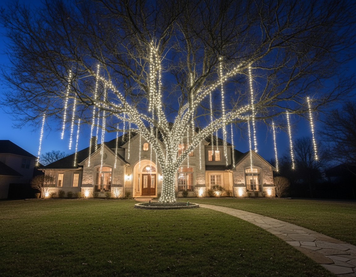 Glowing holiday tree in Helotes adorned with warm white drop lighting