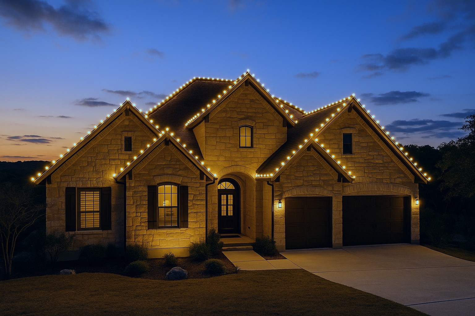 Luxury stone home in Helotes with a holiday-themed LED outline on the roof ridges, showcasing an elegant design and festive atmosphere.