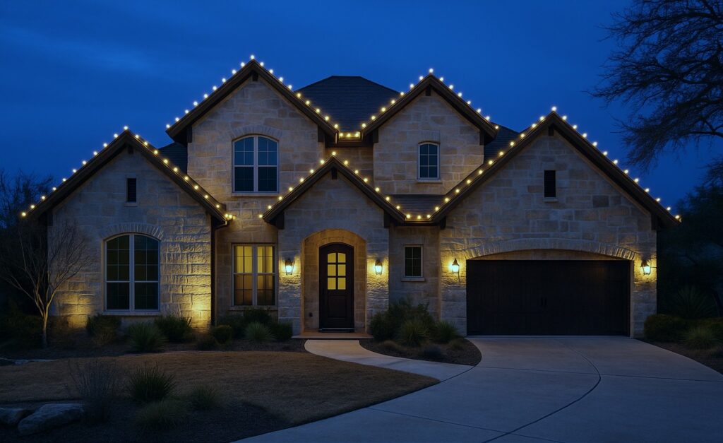 Luxury stone home in Helotes showcasing professional installation of colorful C9 LED roofline lighting at dusk.