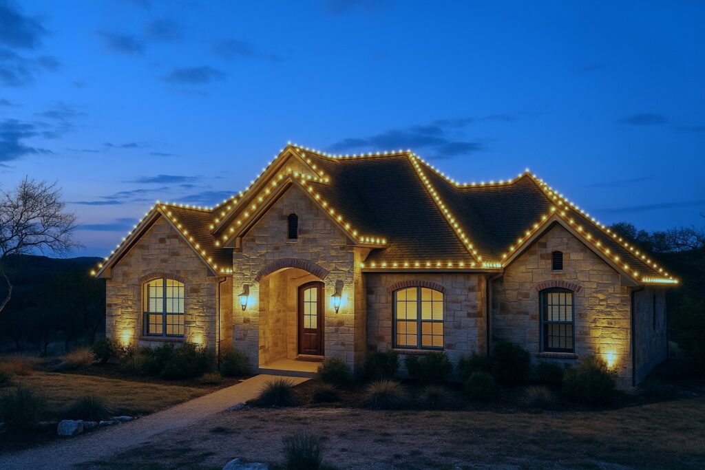 Luxury stone home in Helotes featuring distinctive rooflines and ridgelines, perfect for a holiday getaway.