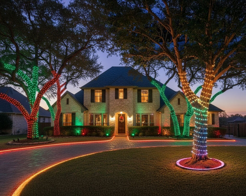 Luxury Tuscan home in Helotes with permanent holiday lighting, showcasing arched windows, a clay roof, and an oak tree wrap.