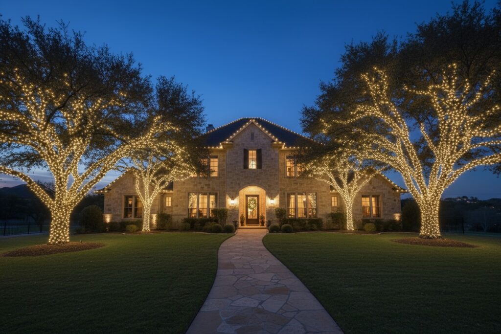 Beautifully wrapped holiday lights on the roofline and oak trees of Stone Estate in Helotes, TX, showcasing a festive atmosphere.