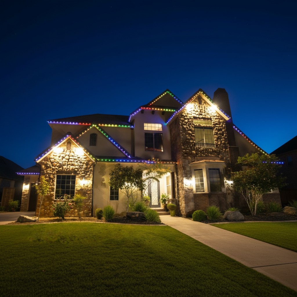Soffit flush-mounted roofline lights in Helotes, TX, featuring smart LED technology, illuminating a residential exterior at night.