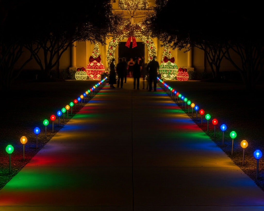 Holiday event entrance with stake lights in San Antonio, showcasing festive decorations and illuminating the pathway.